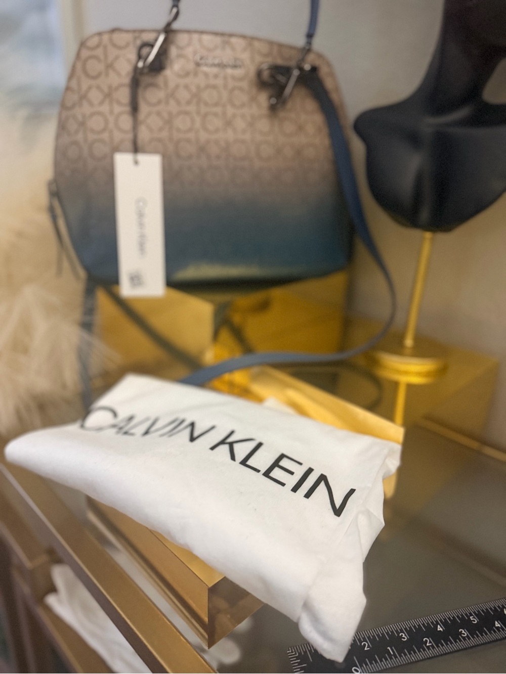 Calvin Klein Blue Ombré Monogram Satchel Crossbody Bag NWT w/ Dust Bag - Picture 11 of 14
